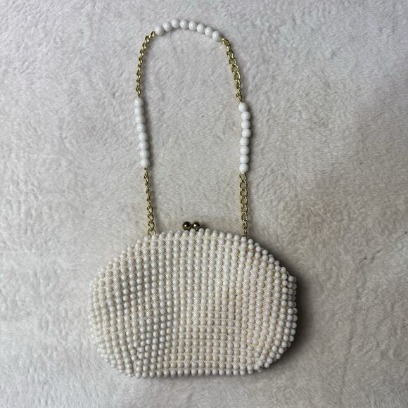 Vtg John Wind Beaded Purse White Handbag Chain Strap Clutch Wedding Art Deco MCM - Picture 1 of 5